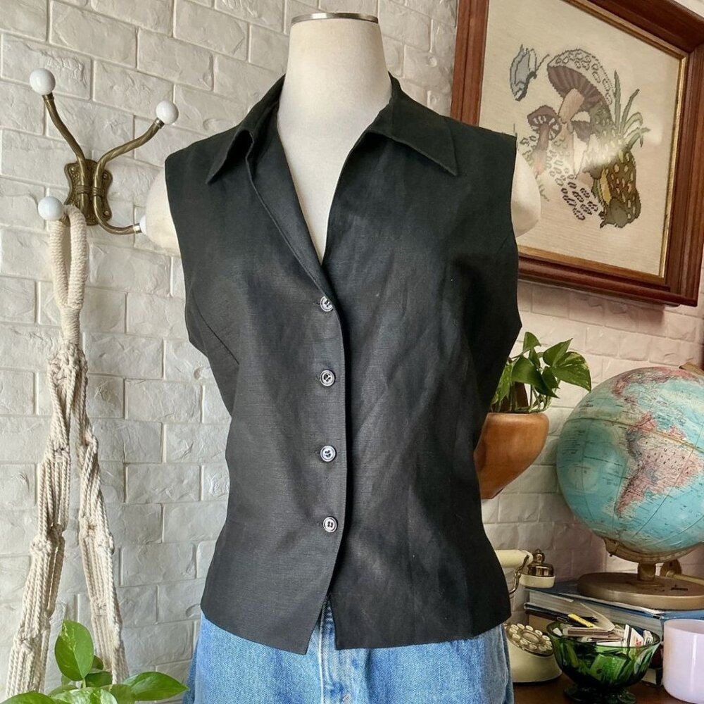 Vintage 1990s Minimalist Kasper Linen Blend Classic Grey Collared Tie Back Vest - Picture 2 of 11